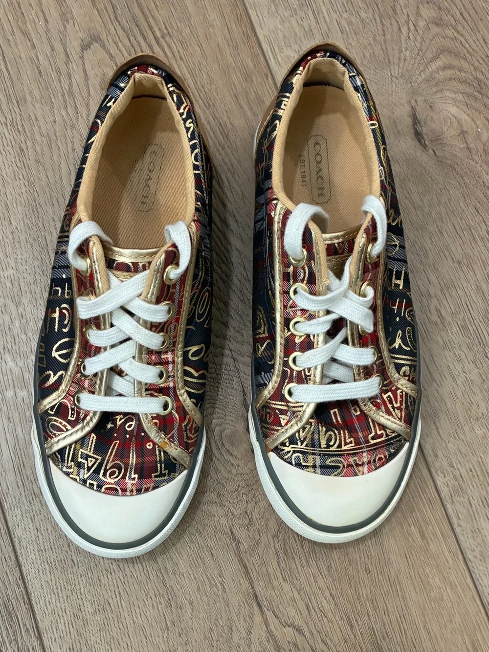 Coach Barrett plaid graffiti gold metallic low top sneakers
